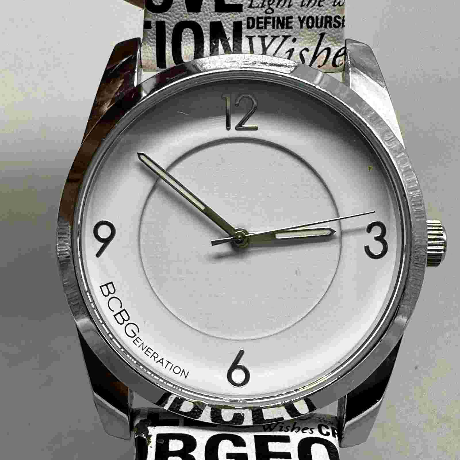 BCBGeneration Watch Women Silver Tone Black White Band New Battery 8.5"