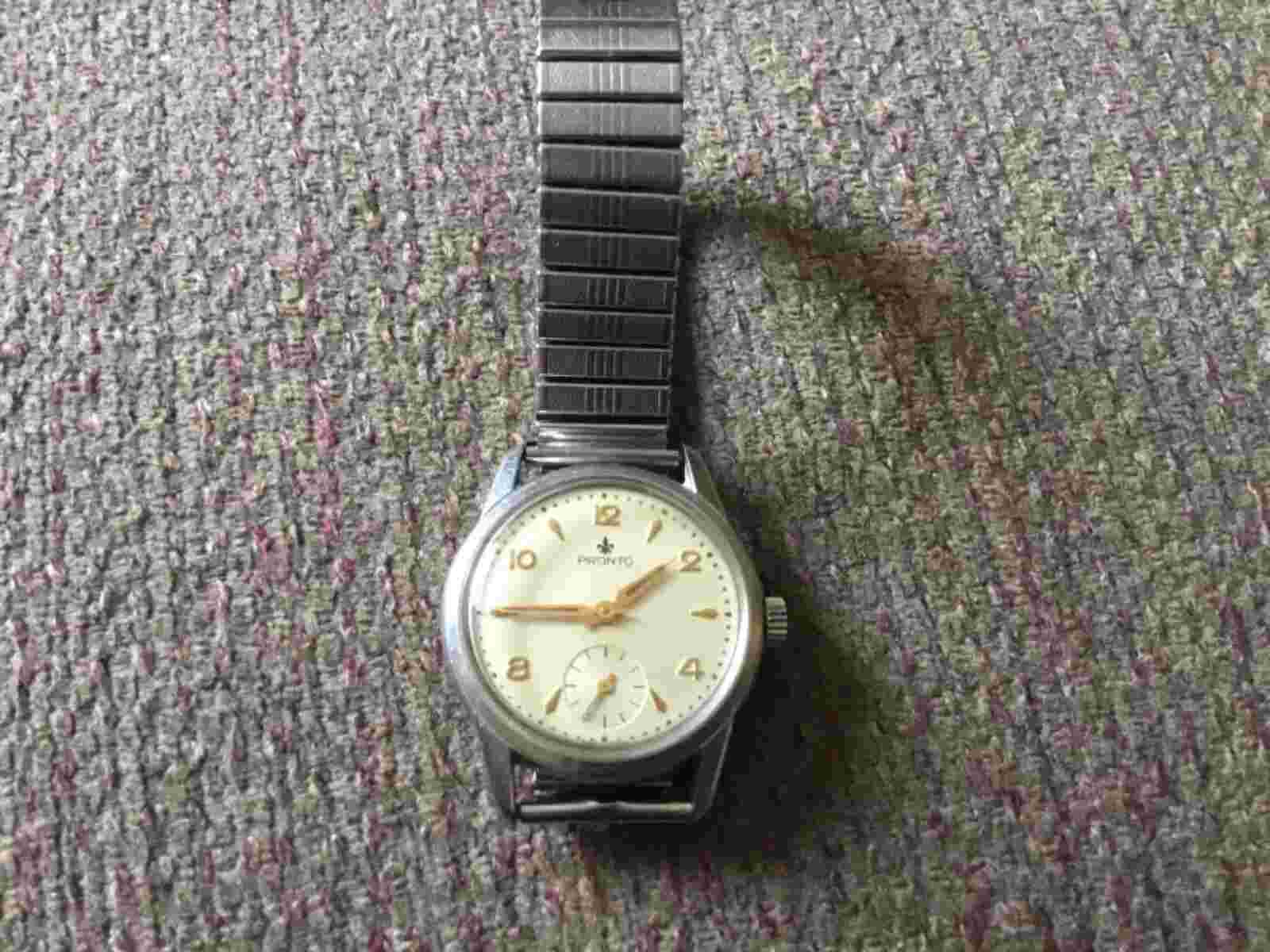 Vintage 1940s Pronto 24 hr Dial Watch Stainless Steel Incabloc Waterproof