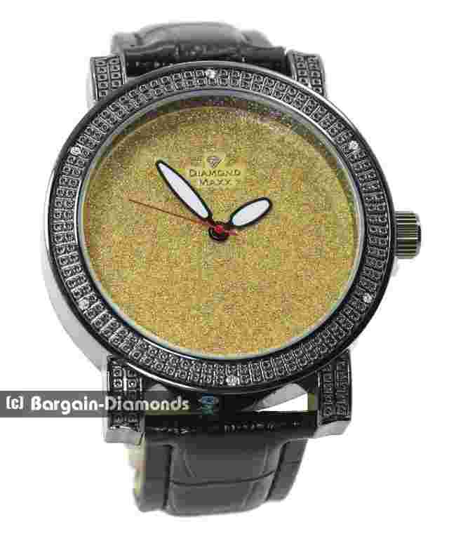 Mens Big Black Clubbing Watch CZ Bezel Gold-Bling Dial 9" Black Strap