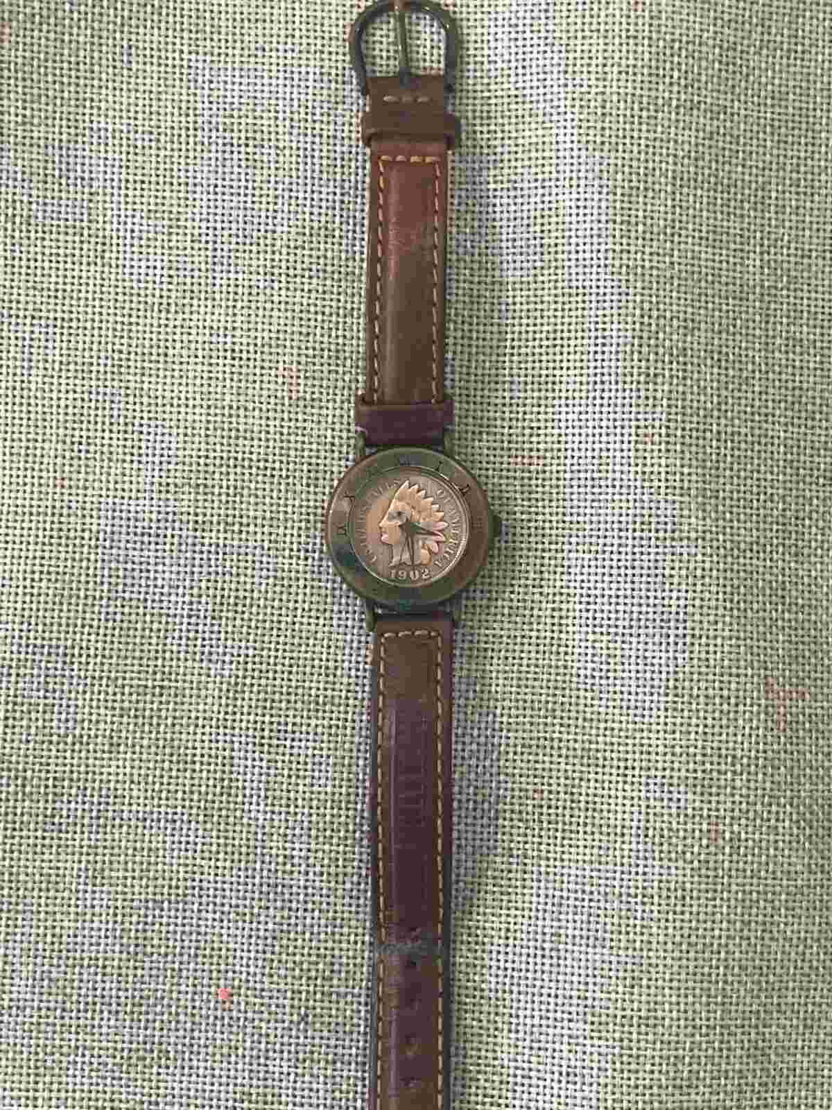 1902 Brittania Indian Penny Coin Watch Leather Band Quartz Need Battery