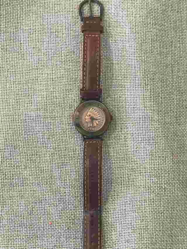 1902 Brittania Indian Penny Coin Watch Leather Band Quartz Need Battery