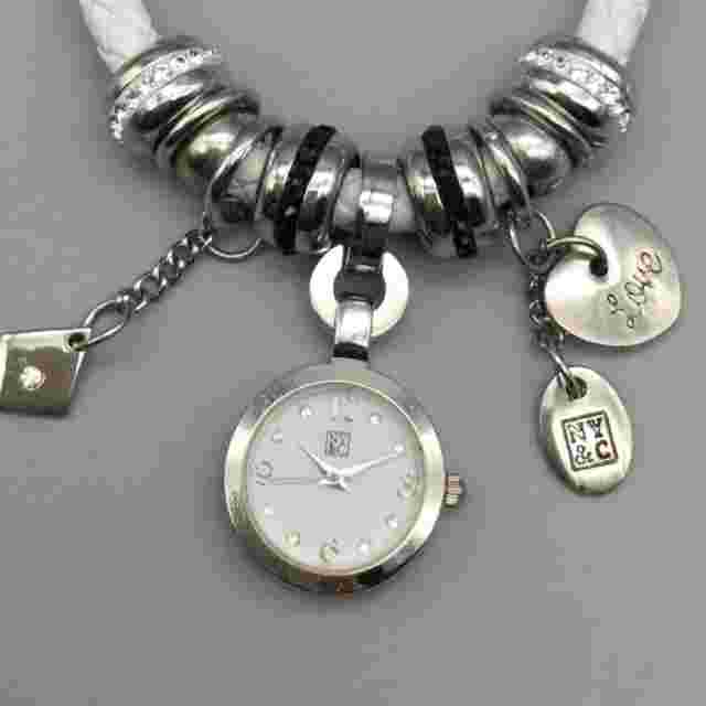 NY&C Watch Women 21mm Silver Tone White Charm Bracelet Band New Battery 8"