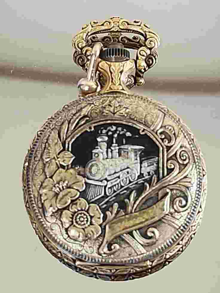 Vtg Majestron Quartz Gold Tone Railroad/Train Design Pocket Watch, Not Working