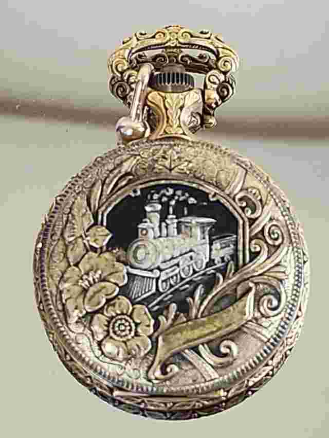 Vtg Majestron Quartz Gold Tone Railroad/Train Design Pocket Watch, Not Working