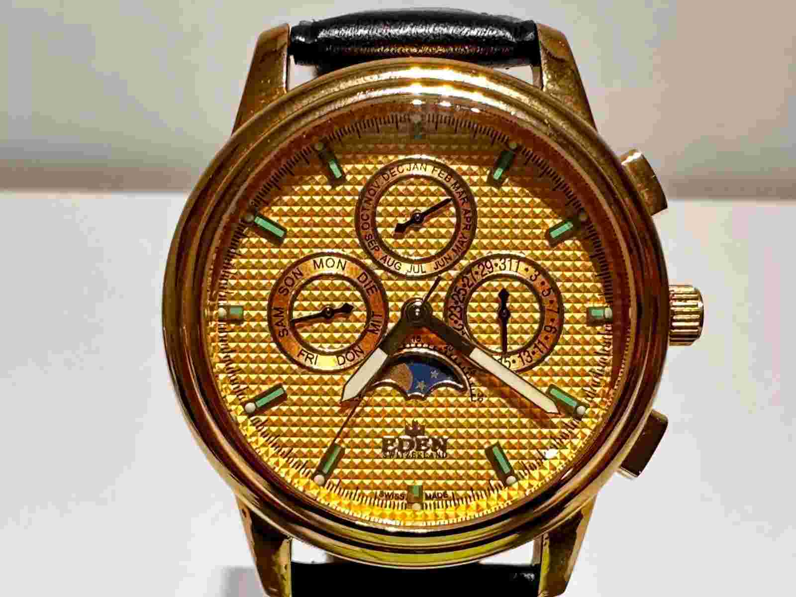 RETRO GOLD PLATED TRIPLE CALENDAR MOON PHASE SWISS MEN'S QUARTZ WATCH "EDEN "