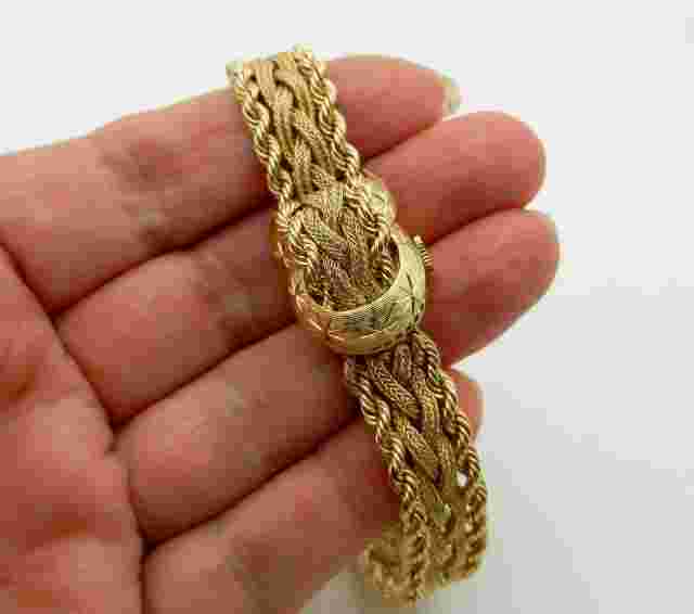 Vintage Solid 14K Yellow Gold Belt Bracelet with Hidden Watch Navarre