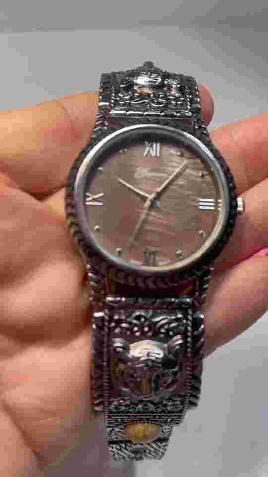 Strada Quartz Watch Tiger Head & Picture Jasper SilvertoneBandBrwnFace-NewBattry