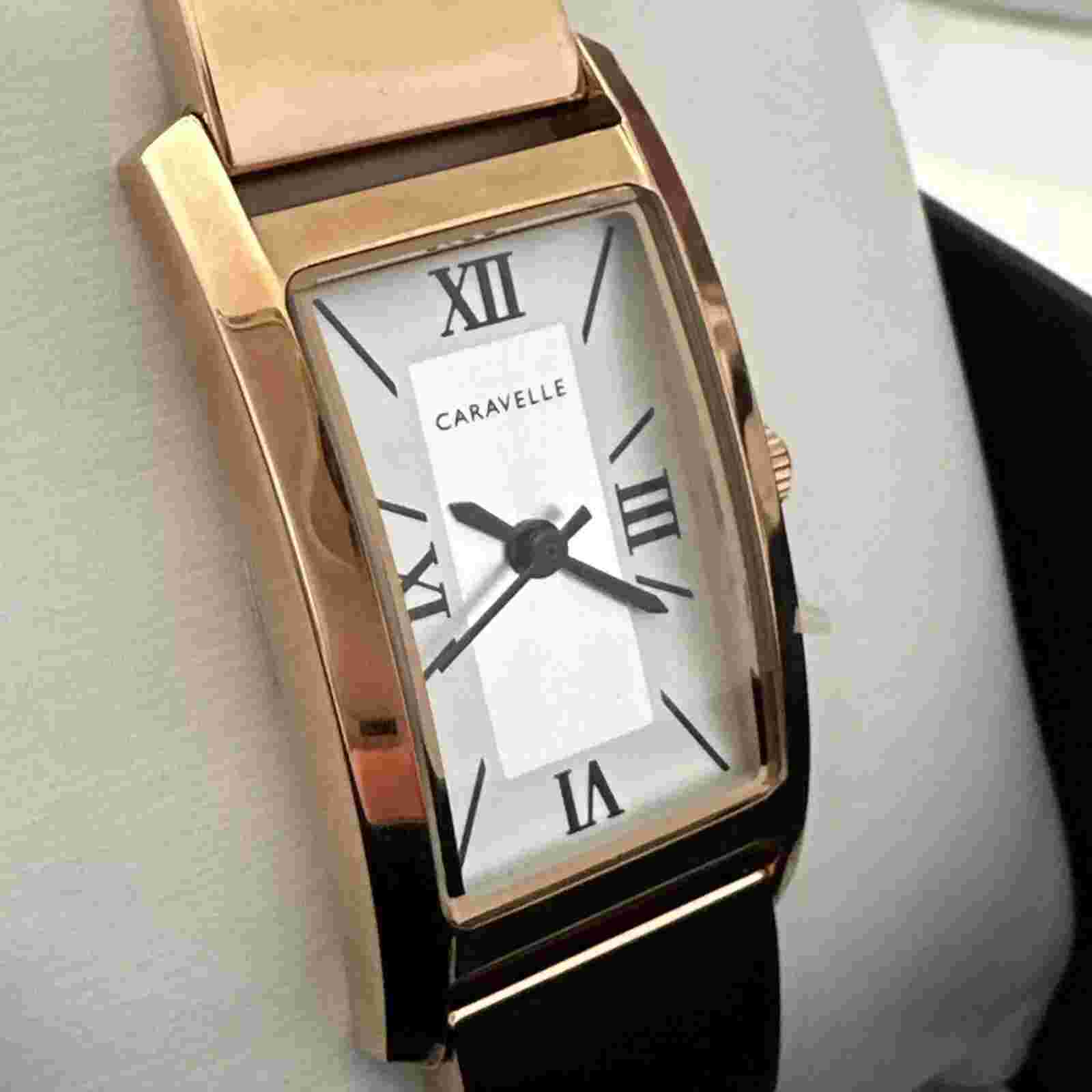 Caravelle by Bulova Rose Gold Tone Bangle Watch Silver & White Dial 44L264 - NEW