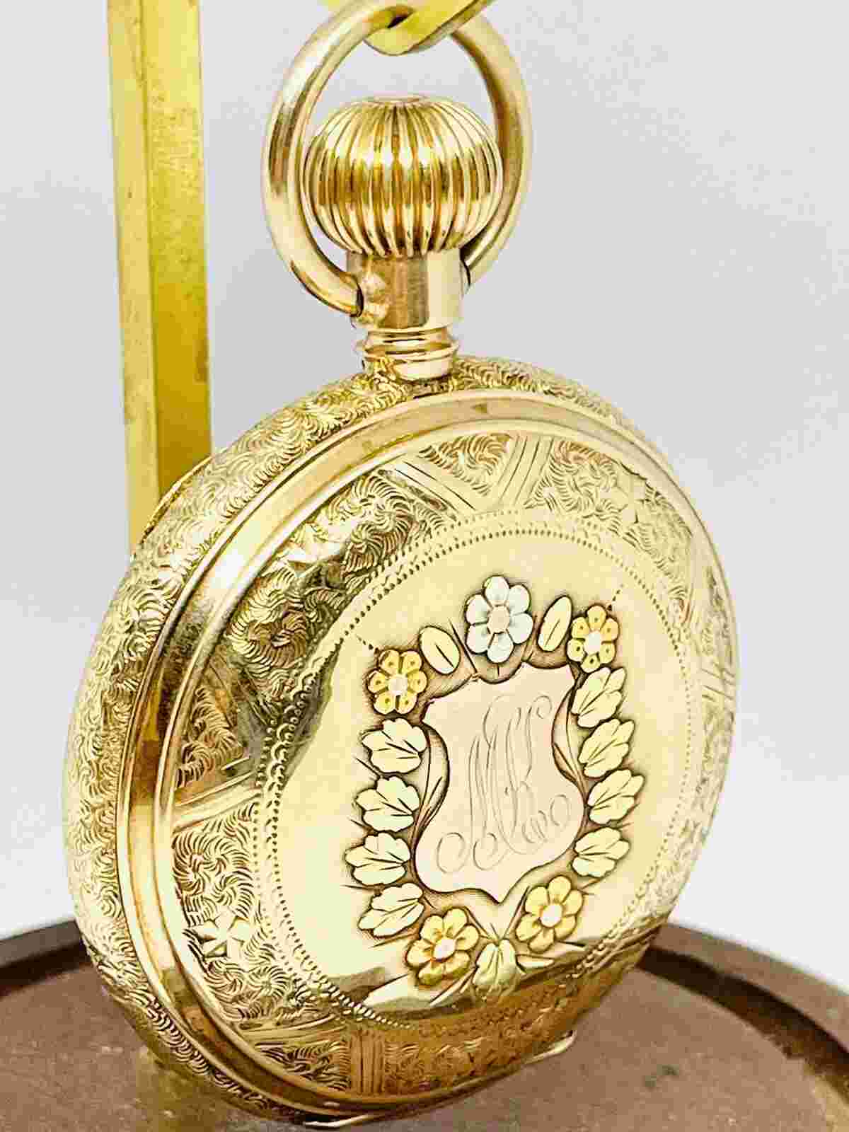 Solid 14K Gold Tri-Color Hunter 18S Elgin Fancy Dial Pocket Watch 149 Grams Runs