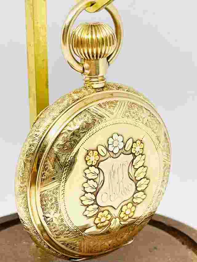 Solid 14K Gold Tri-Color Hunter 18S Elgin Fancy Dial Pocket Watch 149 Grams Runs