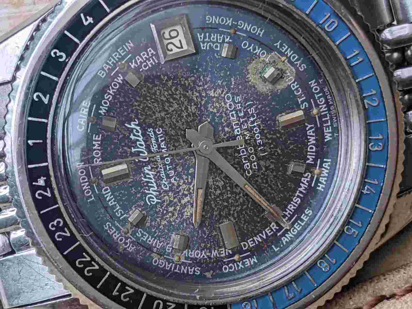 Vintage 1960's Philip Caribbean 400 World Time Diver w/Patina,Orig Band,Serviced