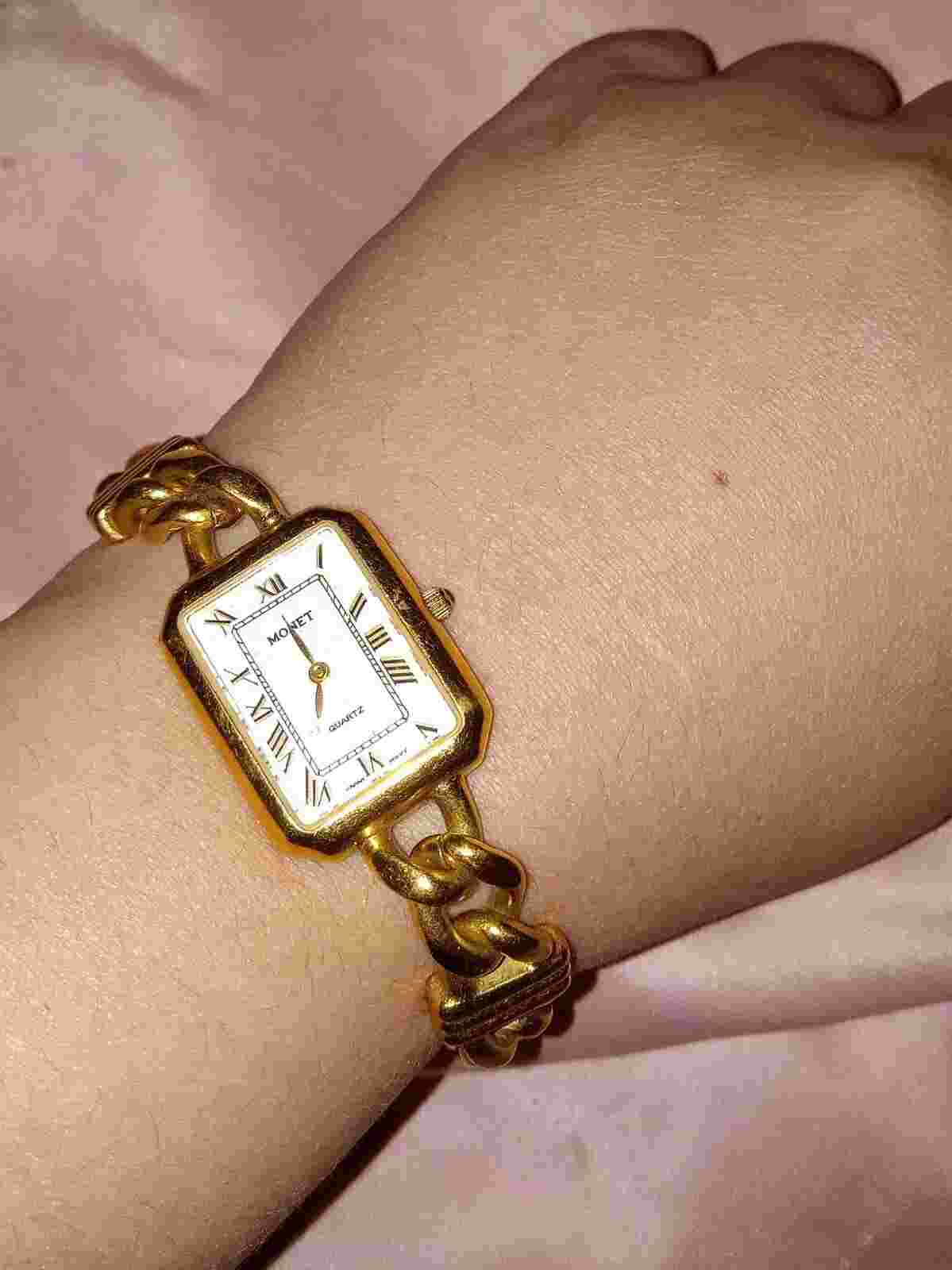 Vintage MONET Women’s Quartz Watch Rectangle Gold Tone Chain Bracelet