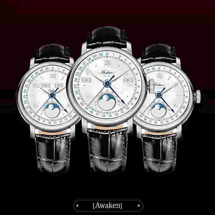 MERKUR Men Luxury Watch 40MM Moon Phase Manual Mechanical Wristwatch Month Week