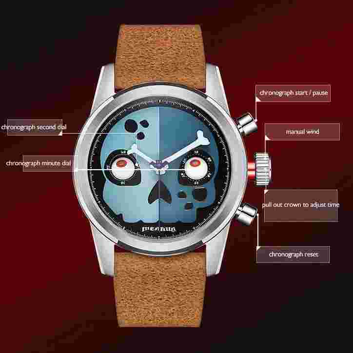 MERKUR Men Chronograph Watch 39mm Manual Wind Mechanical Wristwatch Skull Dial