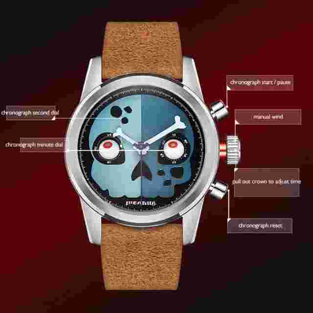 MERKUR Men Chronograph Watch 39mm Manual Wind Mechanical Wristwatch Skull Dial