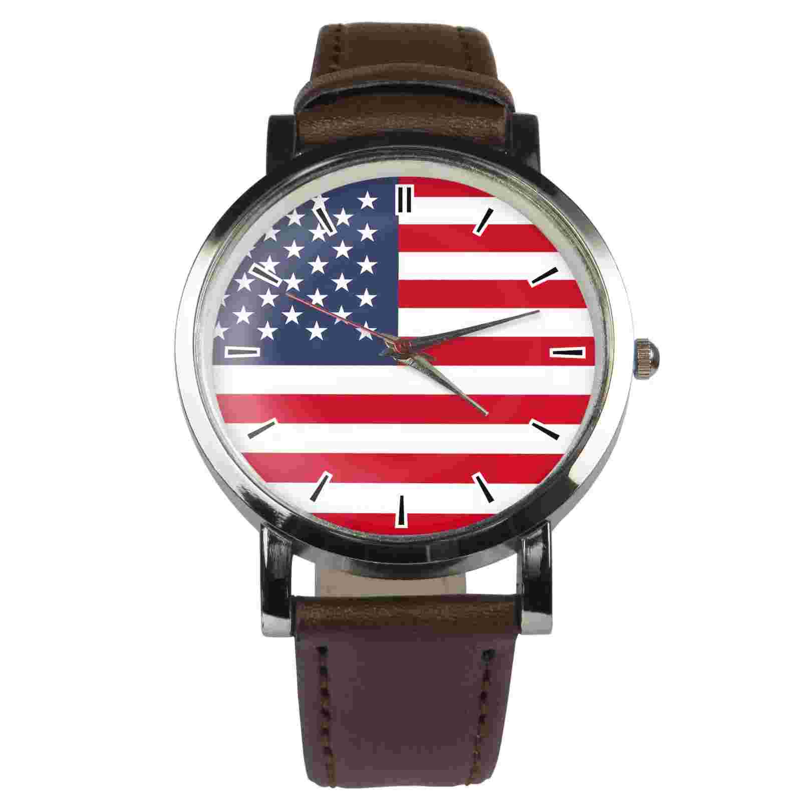 USA flag wristwatch. Black or brown strap