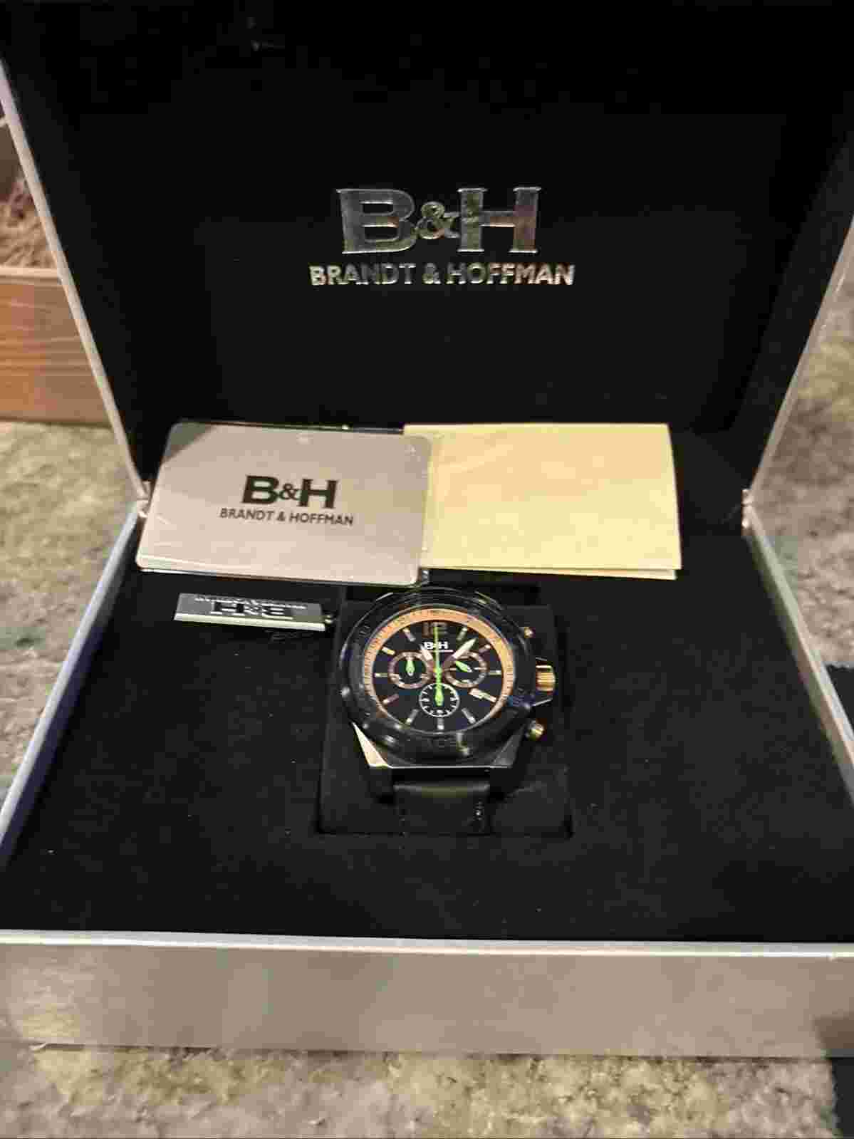BNIB Brandt & Hoffman Chronograph Sport Watch Black & Gold face with green