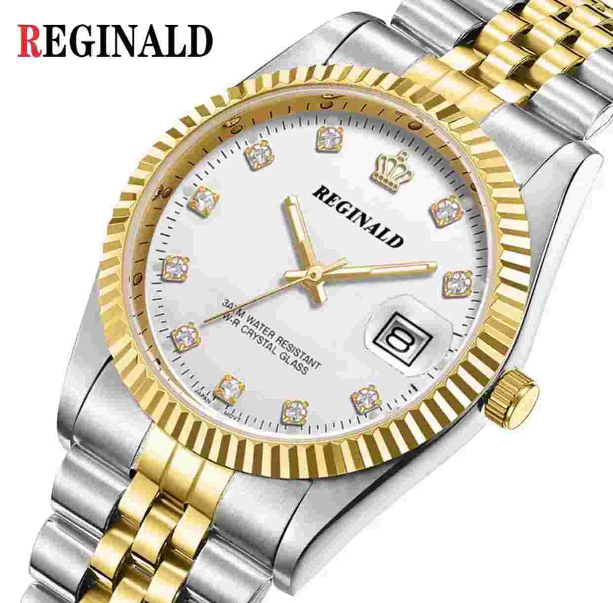 Reginald Mens Wrist Watch Silver Gold Pearl White Analog Quartz New Battery. New