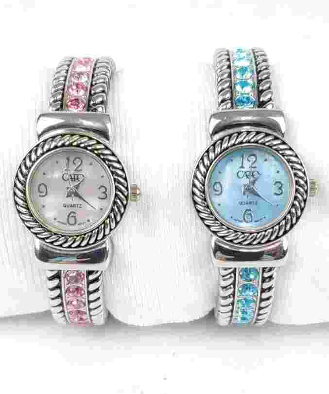 Pair of Cato Cuff Bracelet Watches MOP Faces Rhinestone Bands Silver Tone
