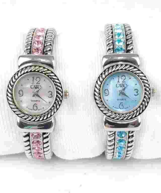 Pair of Cato Cuff Bracelet Watches MOP Faces Rhinestone Bands Silver Tone