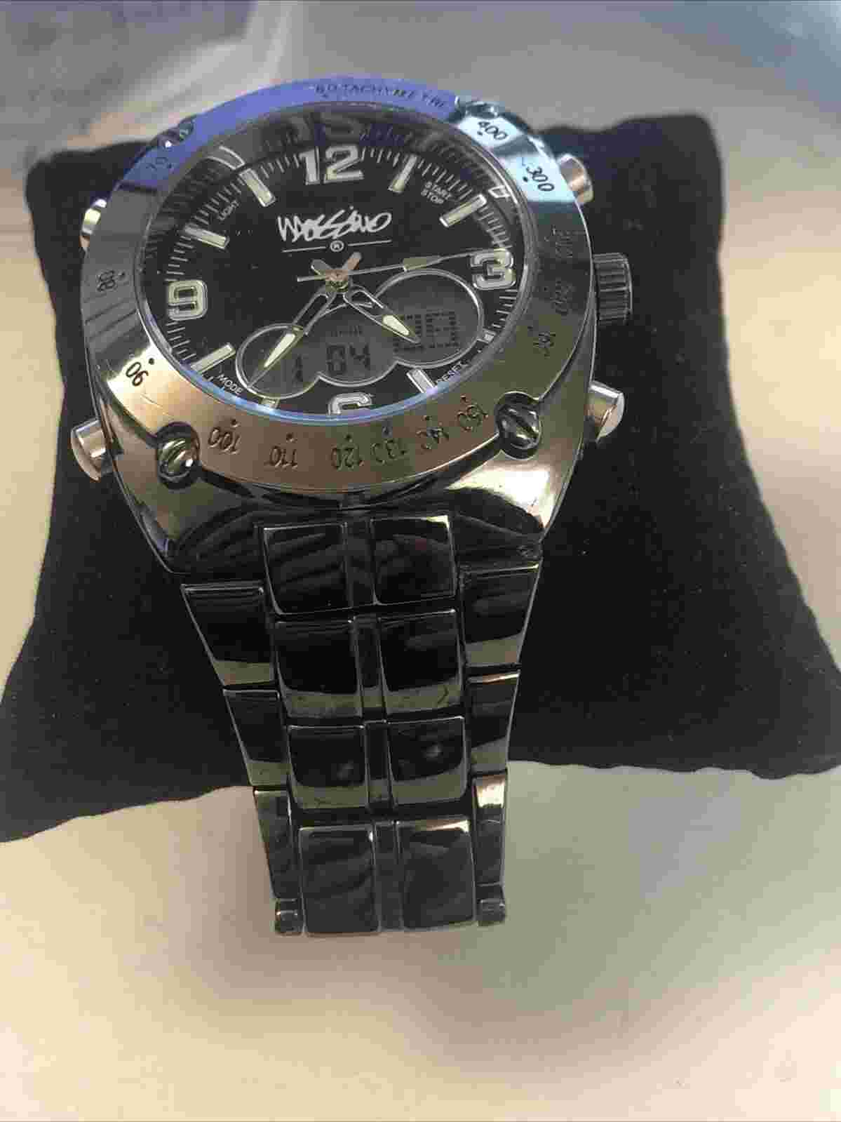 Mossimo Quartz Watch Dual Time Shiny Black Iridescent Bracelet Band