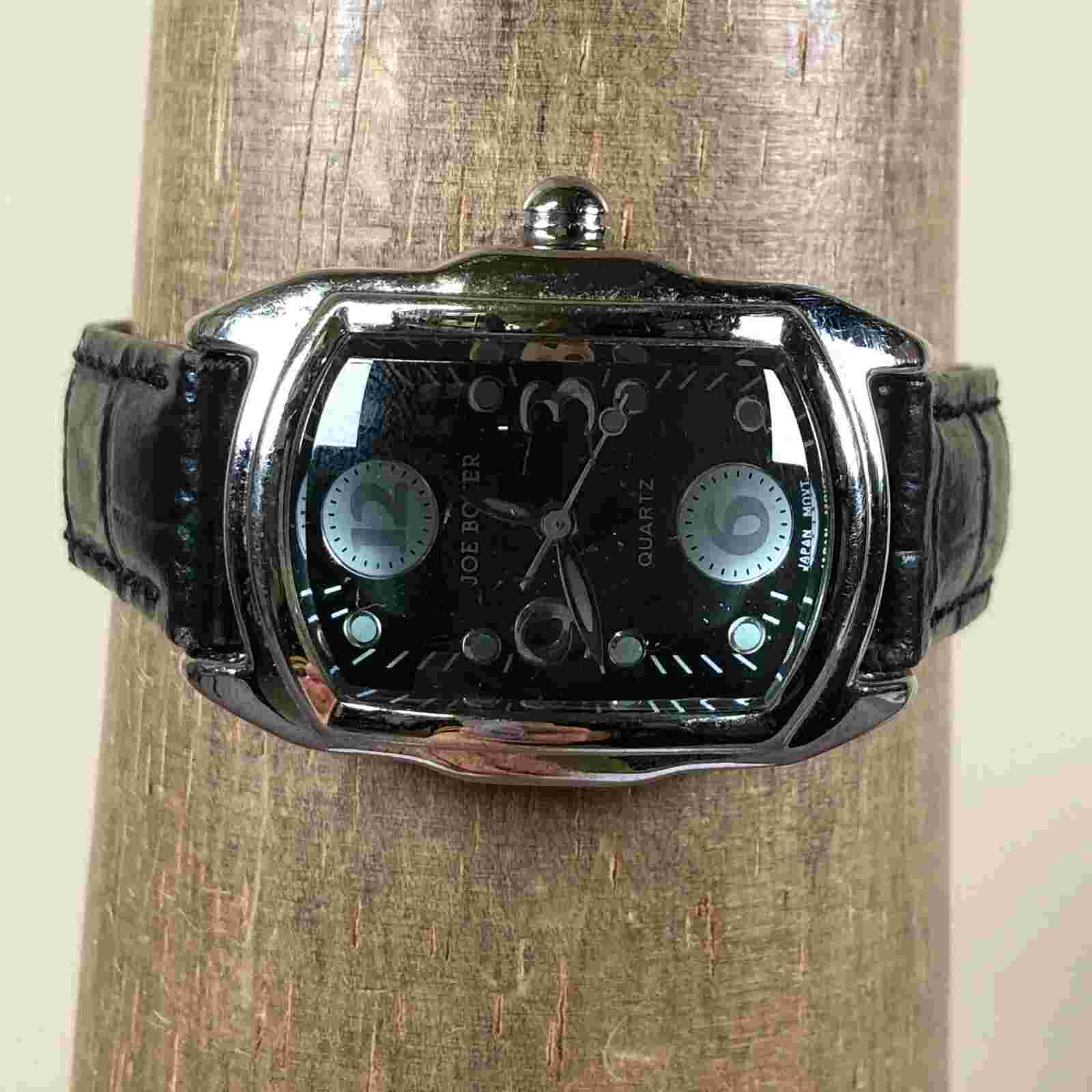 Vintage Joe Boxer Men I315 Black Leather 28mm Quartz Watch 7" **READ DESCRIPTION