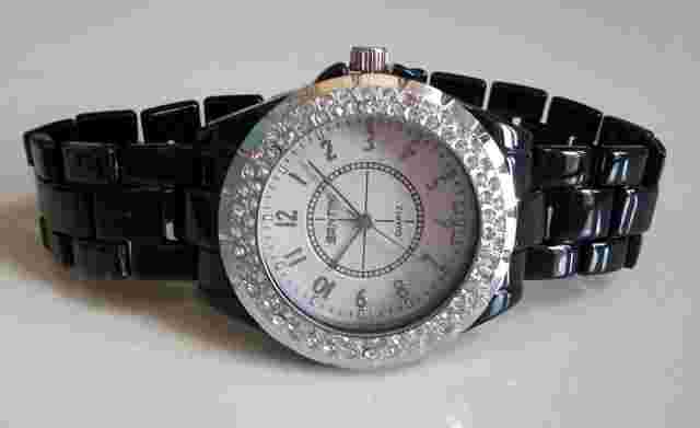 BLACK & SILVER FINISH STONE BRACELET FASHION WOMEN'S BOYFRIEND CASUAL WATCH
