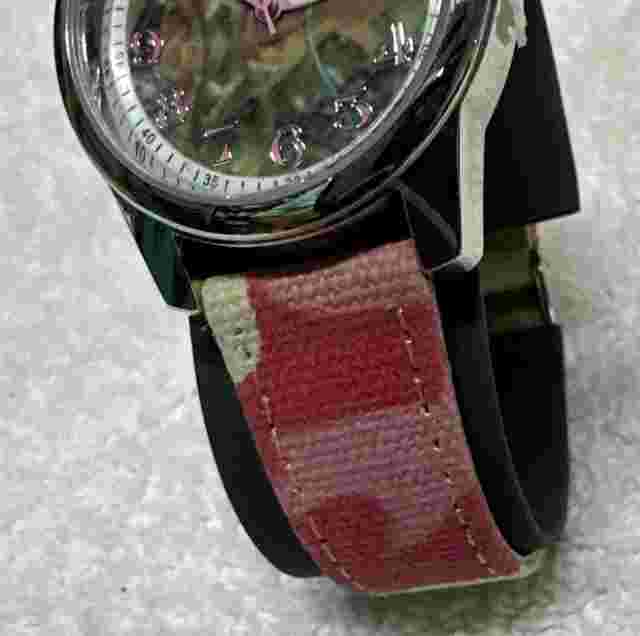 Bass Pro Shops Silver Tone Round Case Green Pink Camouflaged Canvas Band Watch