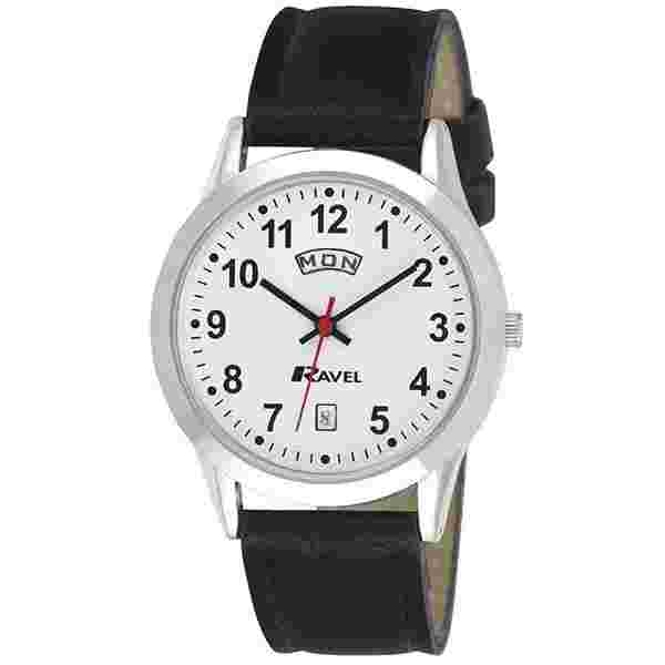 Ravel Gents Day Date Watch With Black Strap & Bold Number White Face RO706