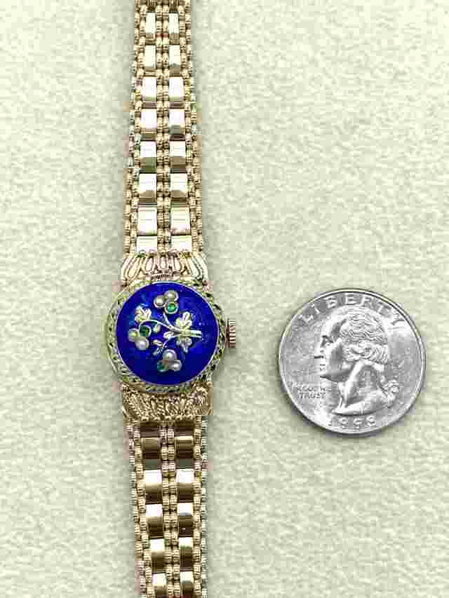 Vintage, 14k yellow gold pearl & enamel watch, pre-owned, Estate