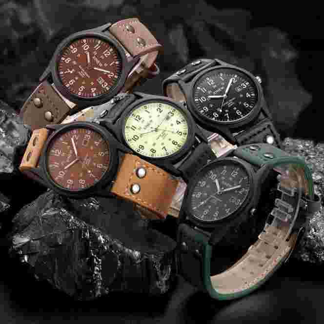 XINEW Classic Men's Waterproof Date Leather Strap Sport Quartz Army Wristwatch