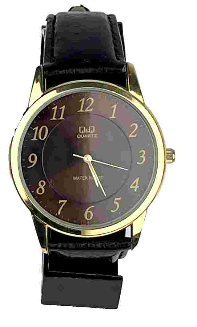 Q&Q Men's Watch Gold Tone Black Band Brown Dial 41mm New Battery Running