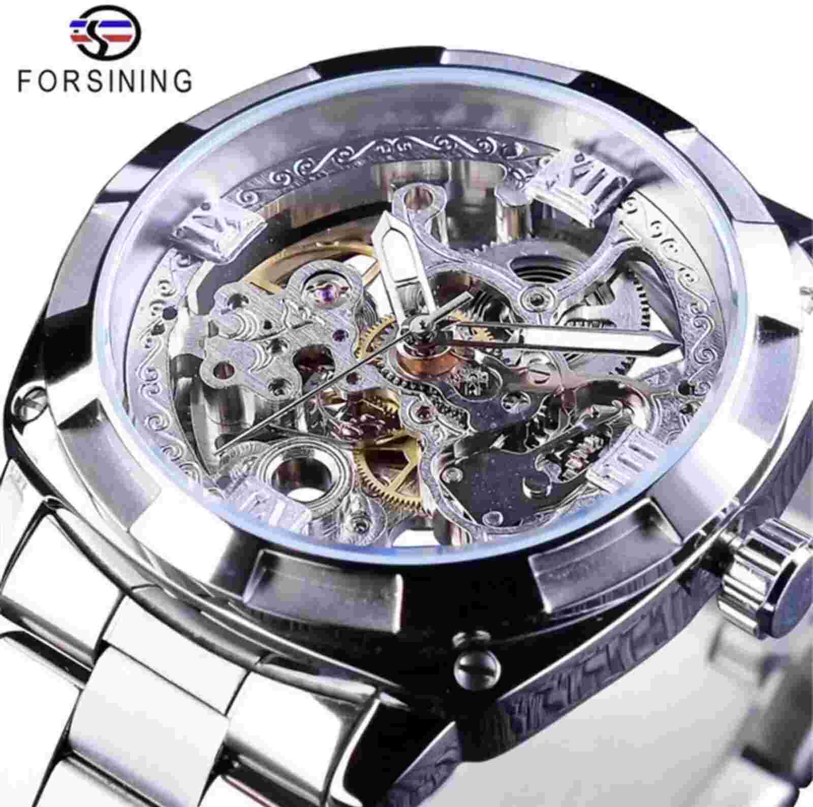 Forsining  mens automatic skeleton style watch with band style and color options