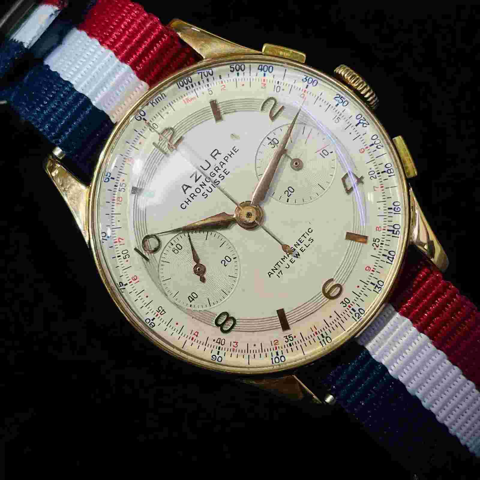36mm Solid 18K Rose Gold Azur Chronographe Suisse Watch Bubble Back