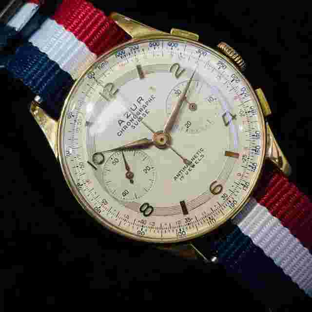 36mm Solid 18K Rose Gold Azur Chronographe Suisse Watch Bubble Back