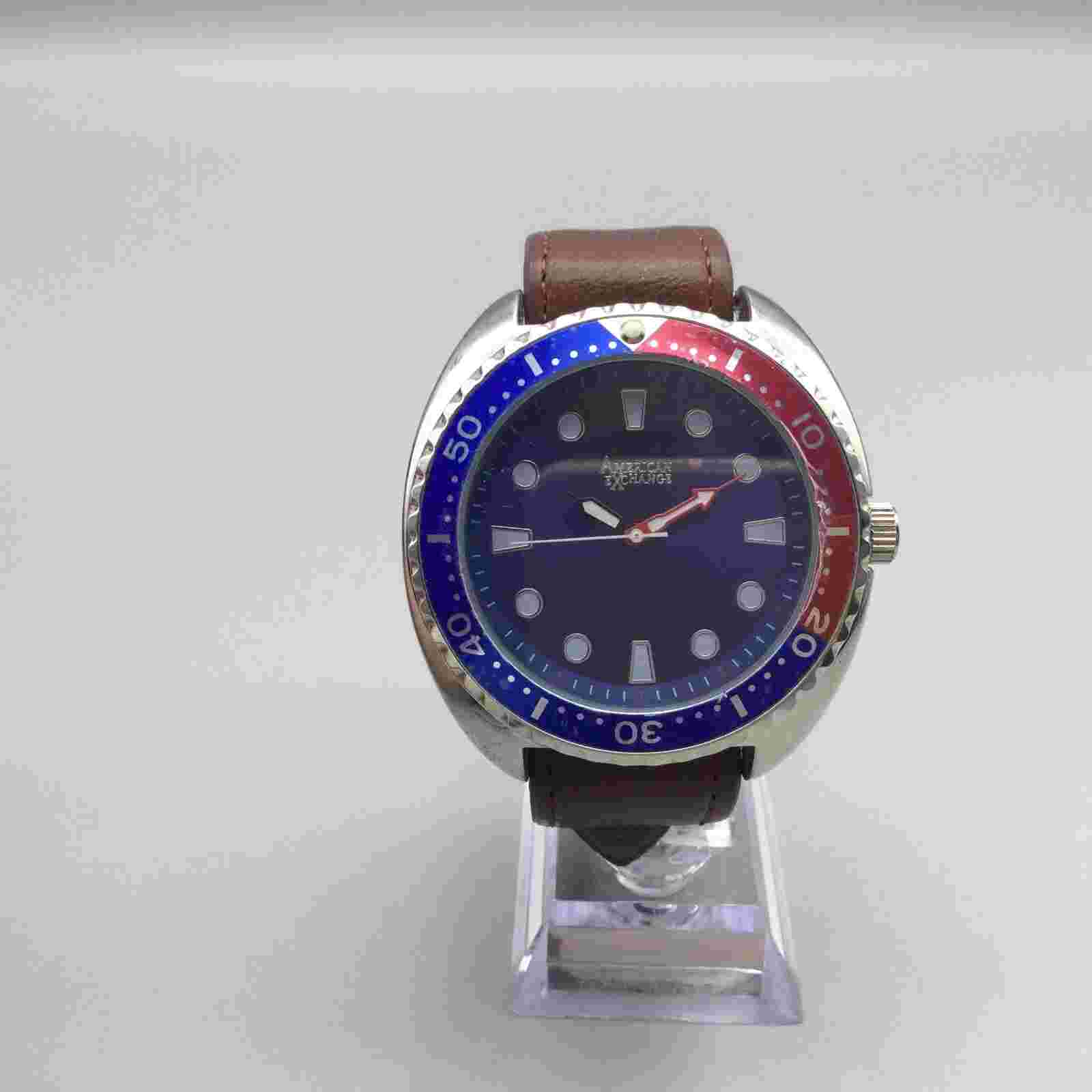 American Exchange Watch Men 44mm Pepsi Red Blue Bezel Leather New Battery