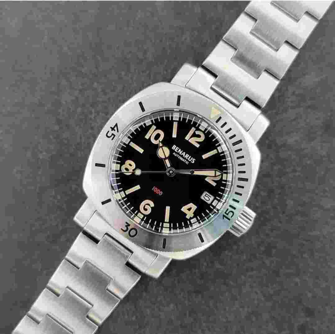 Benarus Moray Watch 38 steel black #s dial vintage lume date Shipped from USA