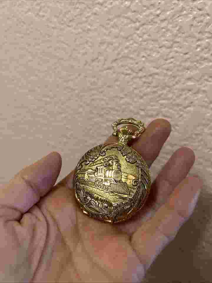 Vintage Brut Quartz Japan Movement Pocket Watch Steam Train RR Engine Unisex