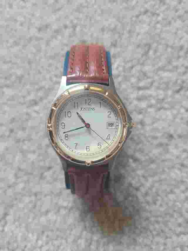 Jostens Men's Watch with brown leather strap and original box with new battery