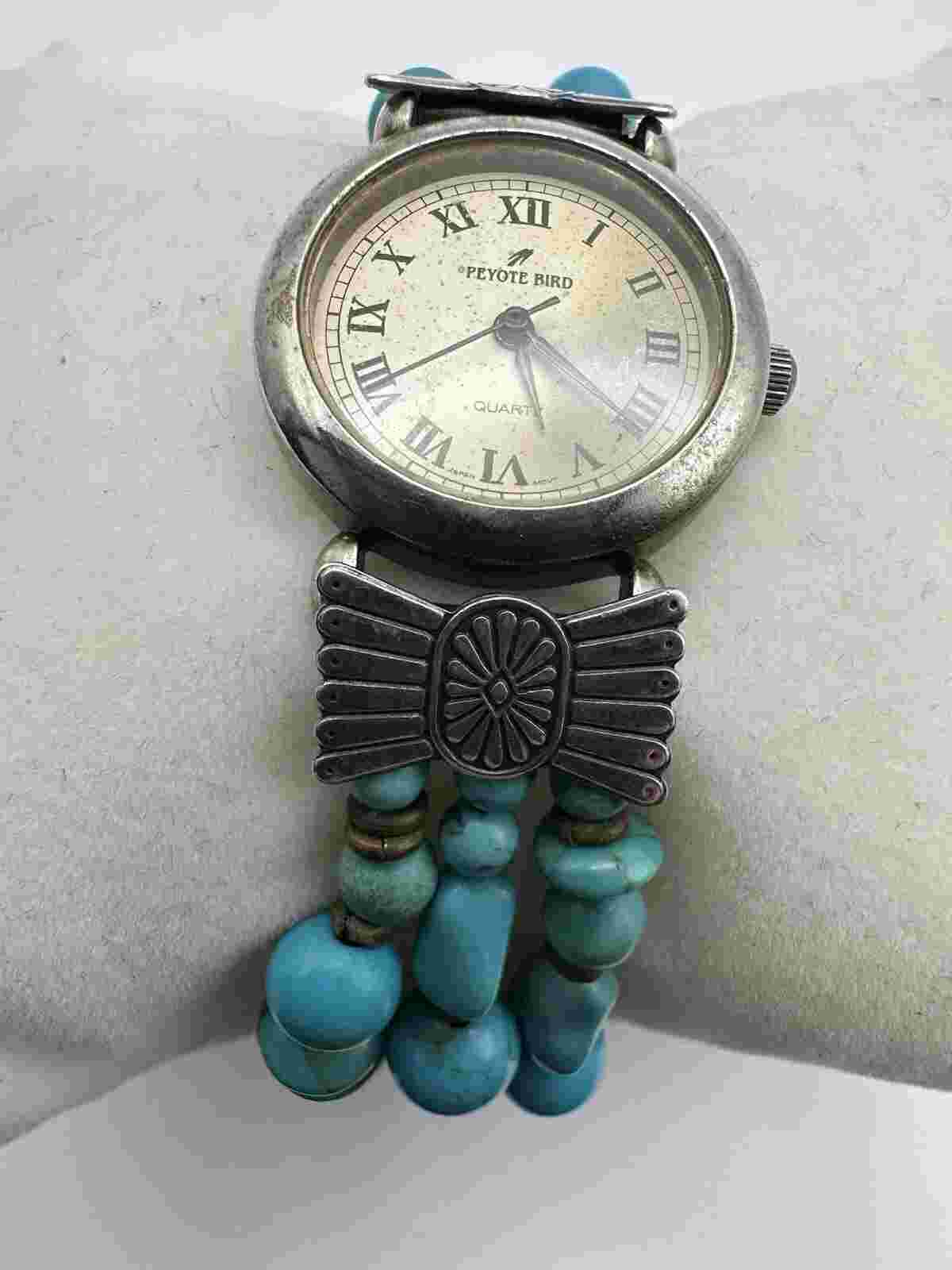 Peyote Bird Womens Quartz Watch Sterling Silver Turquoise Beaded Band