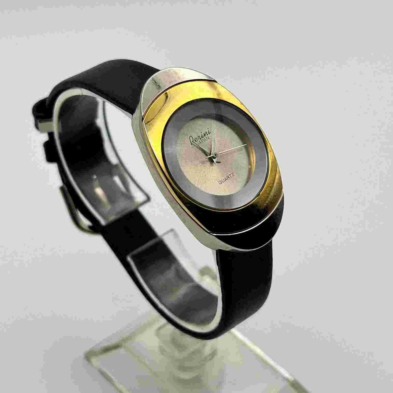 Perini Gold Silver Black Leather Stainless Steel Women’s Watch New Battery