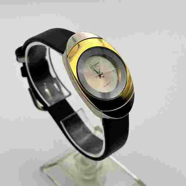 Perini Gold Silver Black Leather Stainless Steel Women’s Watch New Battery