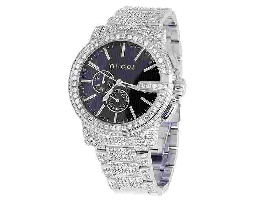 Mens Gucci 101 G-Chrono 44MM S.Steel Black Dial Diamond Watch YA101361 3.0 Ct