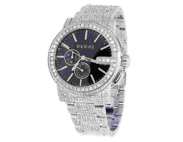 Mens Gucci 101 G-Chrono 44MM S.Steel Black Dial Diamond Watch YA101361 3.0 Ct