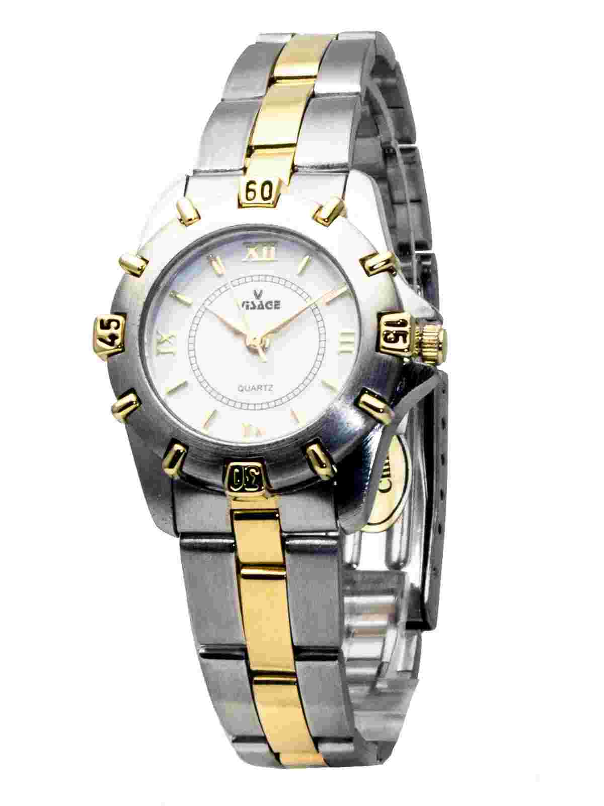 VISAGE:WOMENS' STAINLESS STEEL T/T GOLD BAND ROUND CASE  ANALOG QUARTZ WATCH