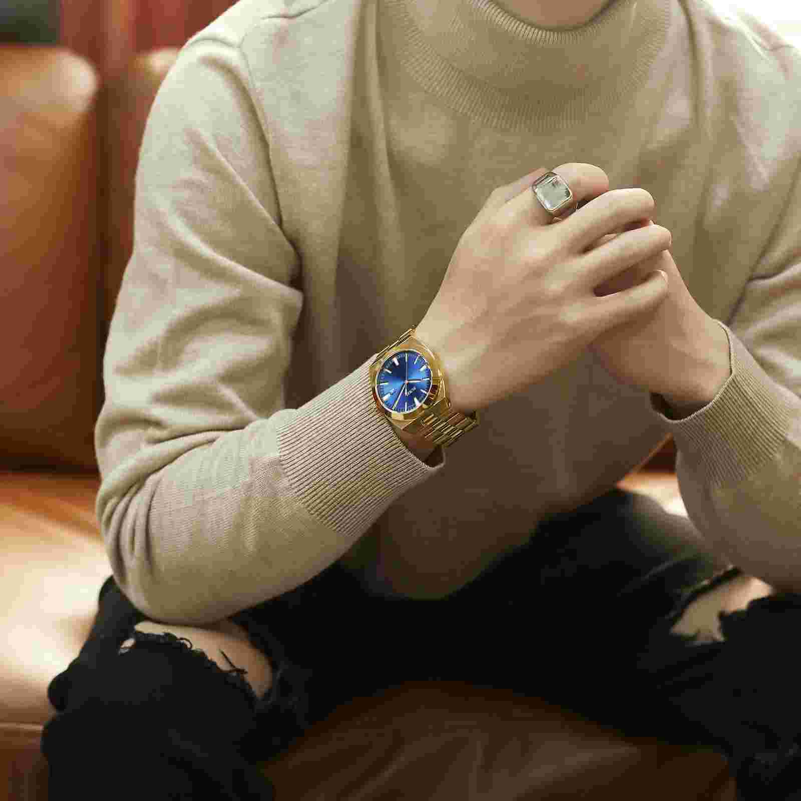 BUREI Men Watch Stainless Steel Japanese Quartz, Blue Gold, Superb