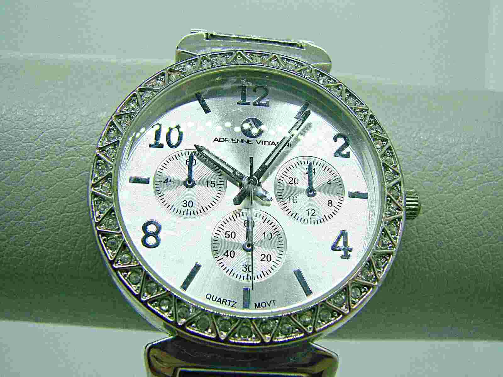 Adrienne Vittadini Womens Silver Rhinestone Chronographic Wristwatch Metal Band