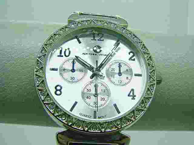 Adrienne Vittadini Womens Silver Rhinestone Chronographic Wristwatch Metal Band