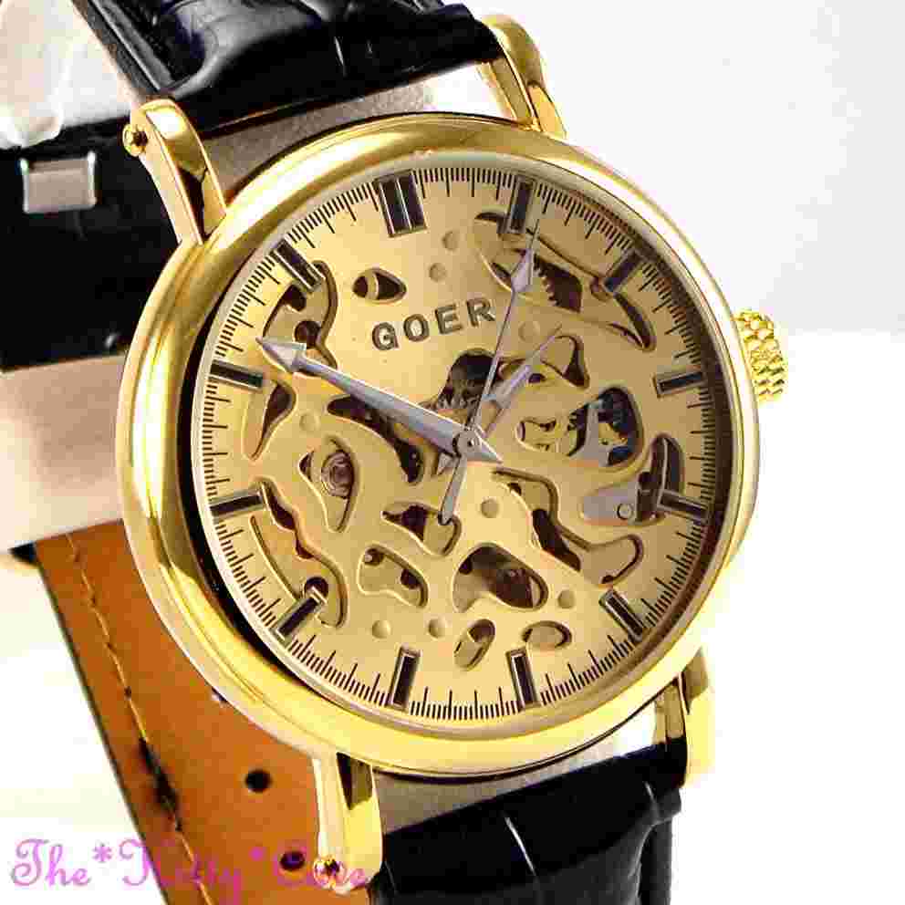 Automatic Mechanical Skeleton Steampunk Gold Plated Cutwork Black Leather Watch
