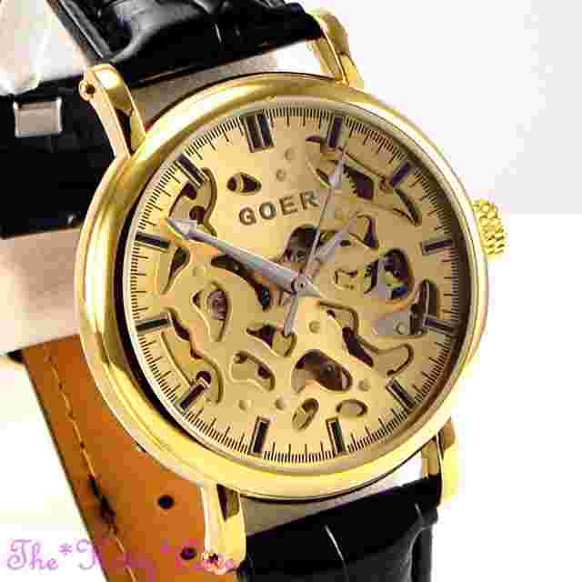 Automatic Mechanical Skeleton Steampunk Gold Plated Cutwork Black Leather Watch